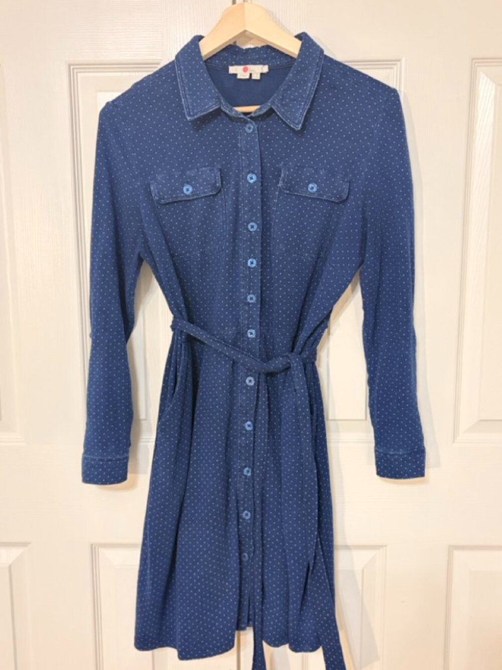 BODEN Blue Polka Dot Collared Belted Midi Pockets Jersey Dress Women's 12P